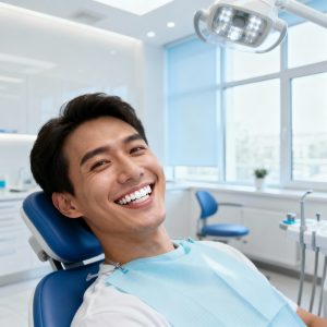 Happy patient at cosmetic dentist Newcastle with radiant smile from Dentist for Chickens veneers and whitening.
