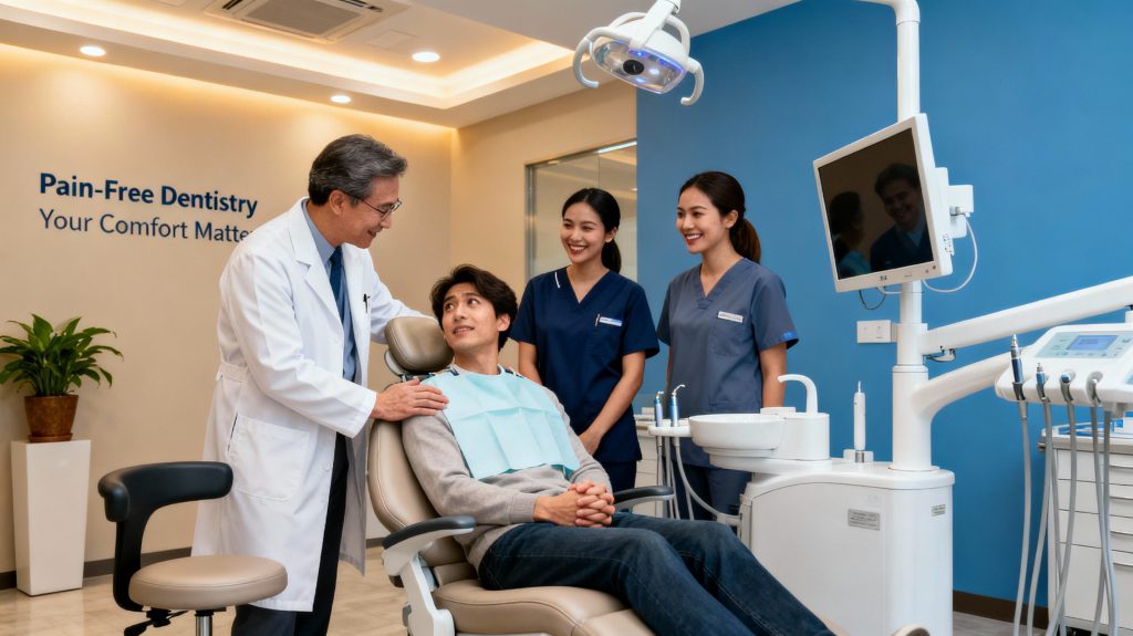 Compassionate dentist treating nervous patient at Dentist for Chickens Newcastle clinic showing modern pain-free dental technology