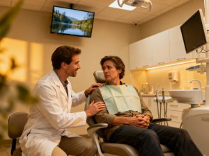 Dentist explaining treatment to calm patient at Newcastle dental clinic