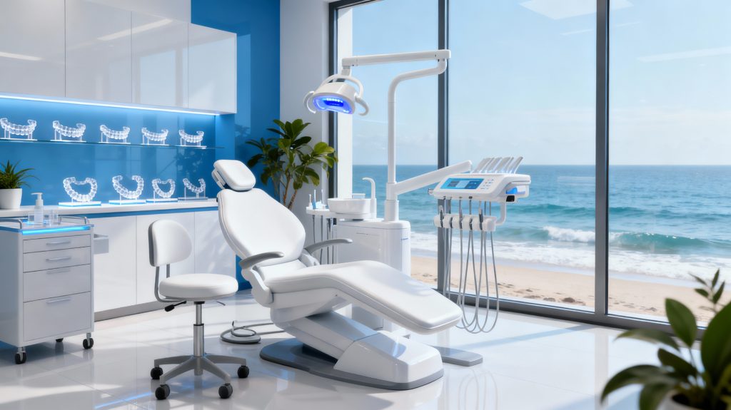 Premium cosmetic dentistry clinic interior at Dentist for Chickens in Newcastle NSW with teeth whitening equipment and Invisalign display