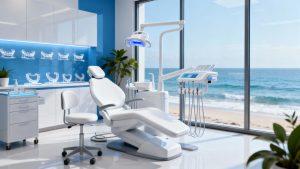 Premium cosmetic dentistry clinic interior at Dentist for Chickens in Newcastle NSW with teeth whitening equipment and Invisalign display